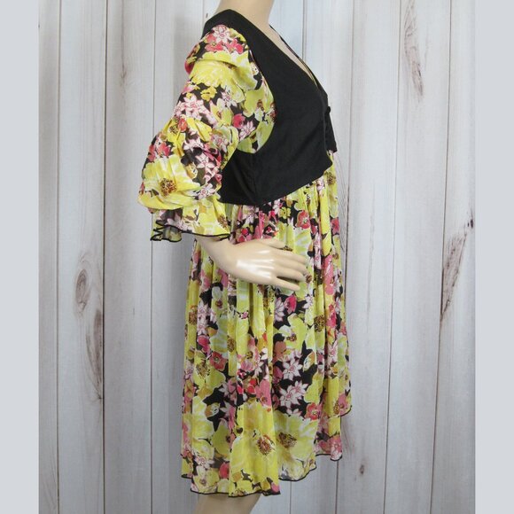 Free People Small Mini Dress Yellow Pink Floral Retro Black Vest Long Sleeve NEW - Picture 4 of 12
